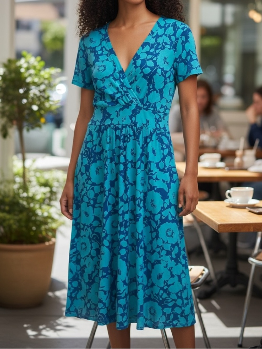 L.L. Bean Teal and Turquoise Floral Wrap-Style Midi Dress